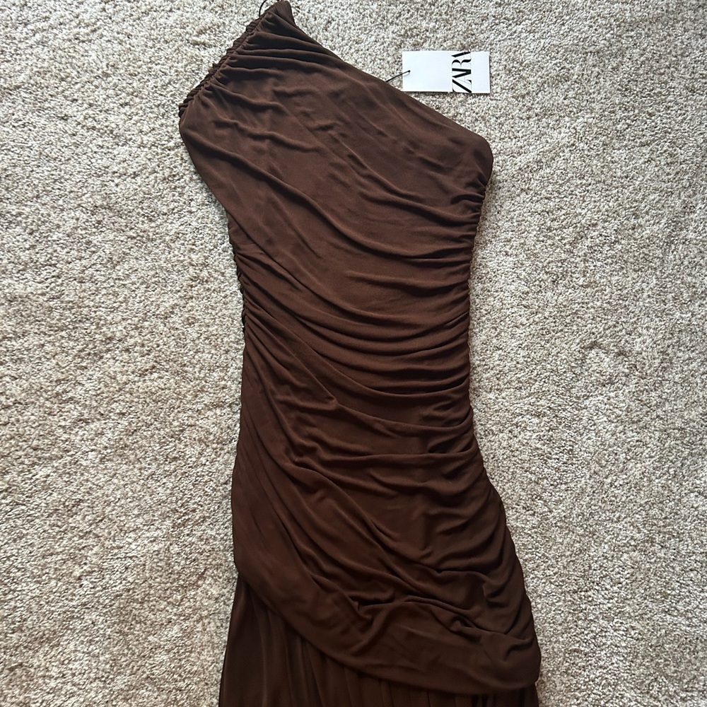 BRAND NEW chocolate brown Zara one shoulder dress